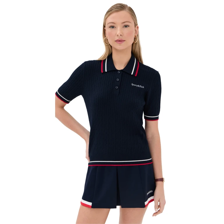 Sporty & Rich Serif Logo Mila Short Sleeves Polo Navy White/Bright Red M
