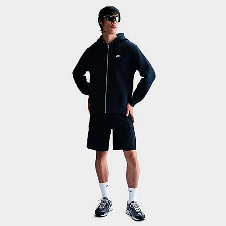 Nike Men's Club Fleece Embroidered Premium Full-Zip Hoodie in Obsidian/Obsidian/White Size: XXS