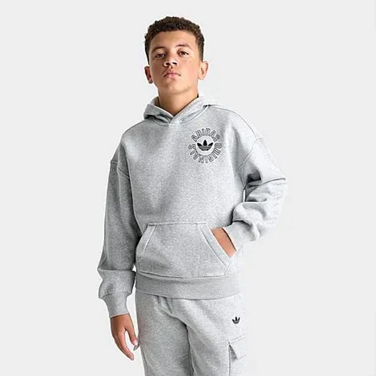 adidas Big Kids Originals Emblem Ring Hoodie in Medium Grey Heather Size: Small