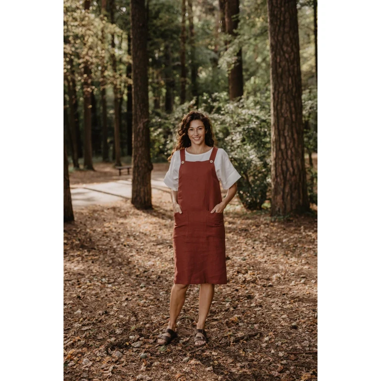 Jade linen apron dress in Terracotta