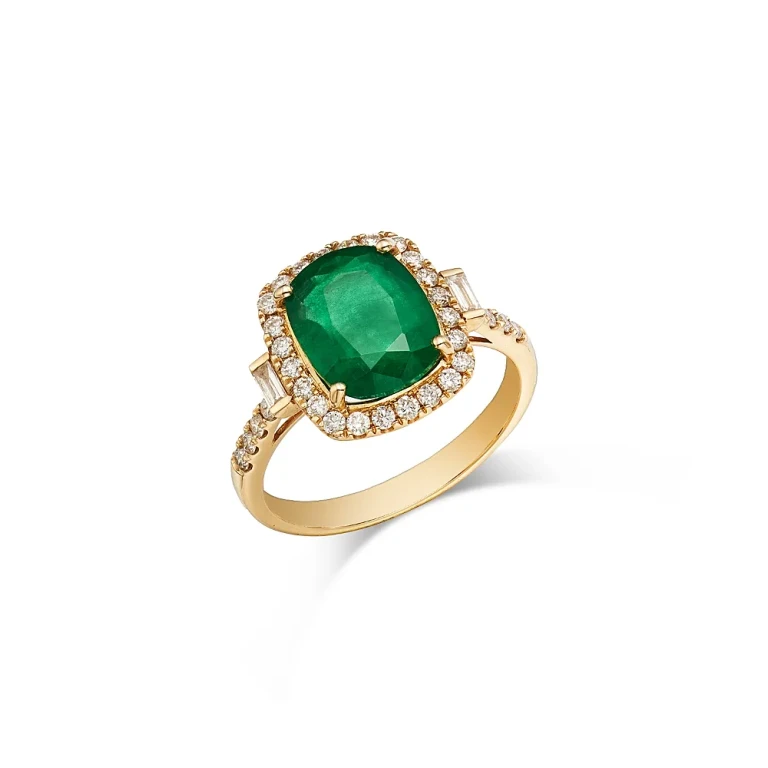 Emerald & Diamond Halo Ring in 14K Yellow Gold