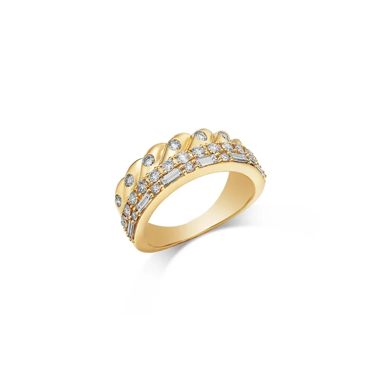 Diamond Round & Baguette Three Row Stack Look Ring in 14K Yellow Gold, 1.0 tcw