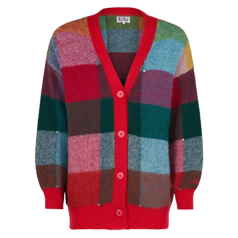 MC2 Saint Barth Soft Brushed Multicolor Check Cardigan Chloe With Rhinestone Embellishment