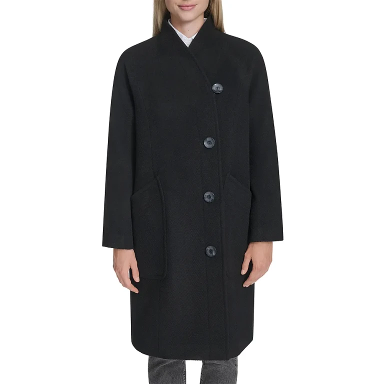 Cole Haan Asymmetric Closure Chevron Texture Wool Blend Coat