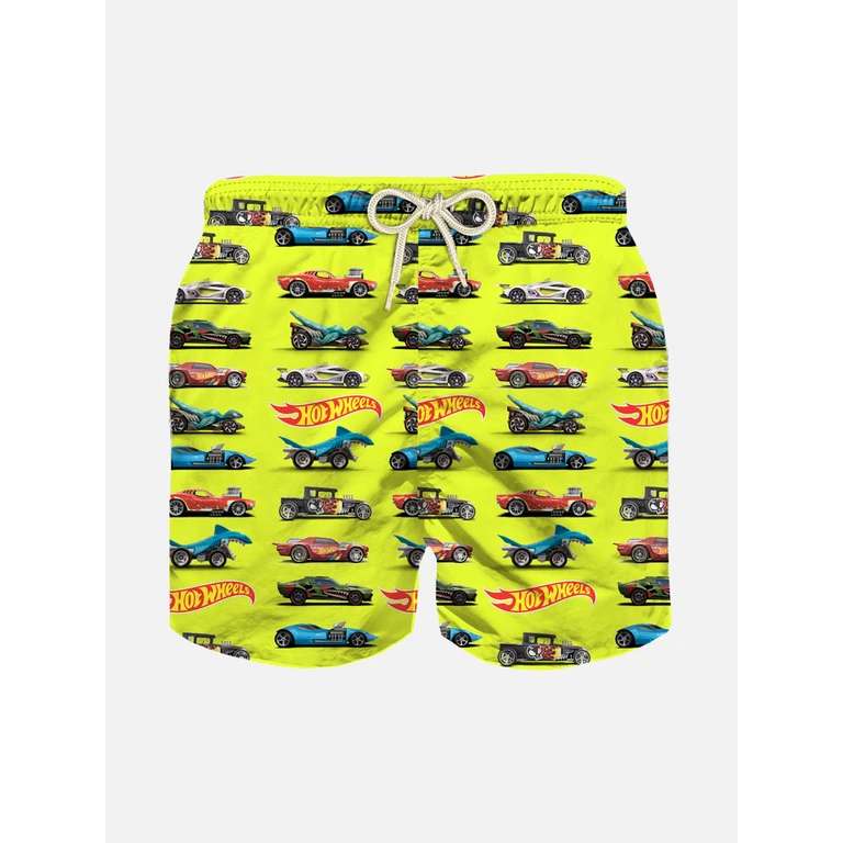 Mc2 Saint Barth Boy Swim Shorts With Hotwheels Print Hot Wheels Special Edition Yellow Swimshort