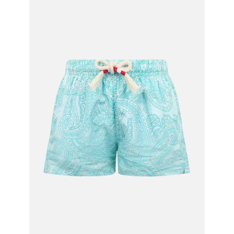 Mc2 Saint Barth Boy Lightweight Fabric Swim-Shorts Jean Lighting 70 With Paisley Print Green Swimshort