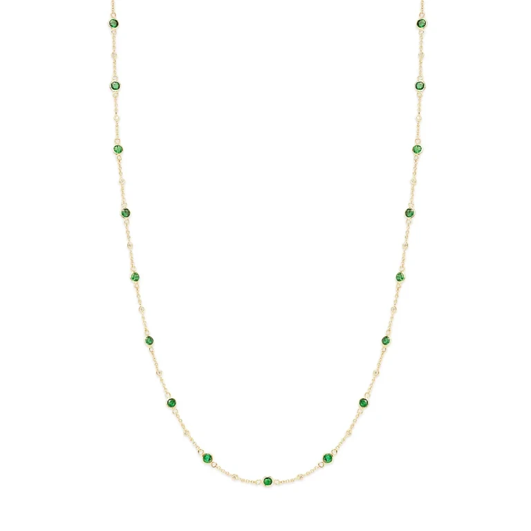 Emerald & Diamond Bezel Station Collar Necklace in 14K Yellow Gold, 16-18