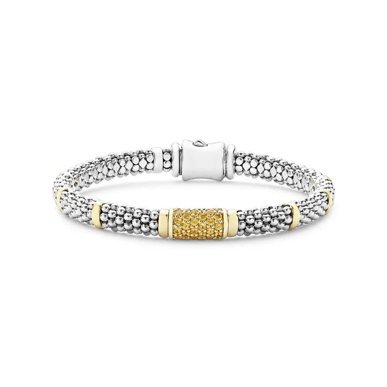 Lagos Sterling Silver & 18K Gold Signature Caviar Yellow Sapphire Station Bracelet