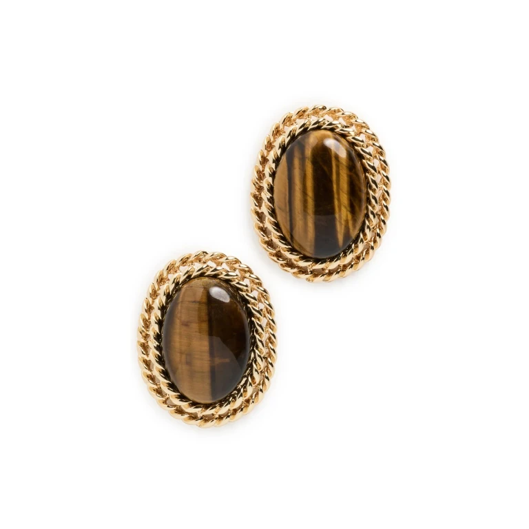 Kenneth Jay Lane Cabochon Earrings Tigers Eye One Size