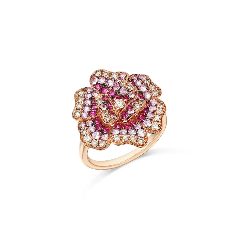Pink Sapphire & Diamond Rose Flower Ring in 14K Rose Gold