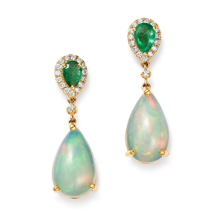 Ethiopian Opal, Emerald & Diamond Teardrop Drop Earrings in 14K Yellow Gold