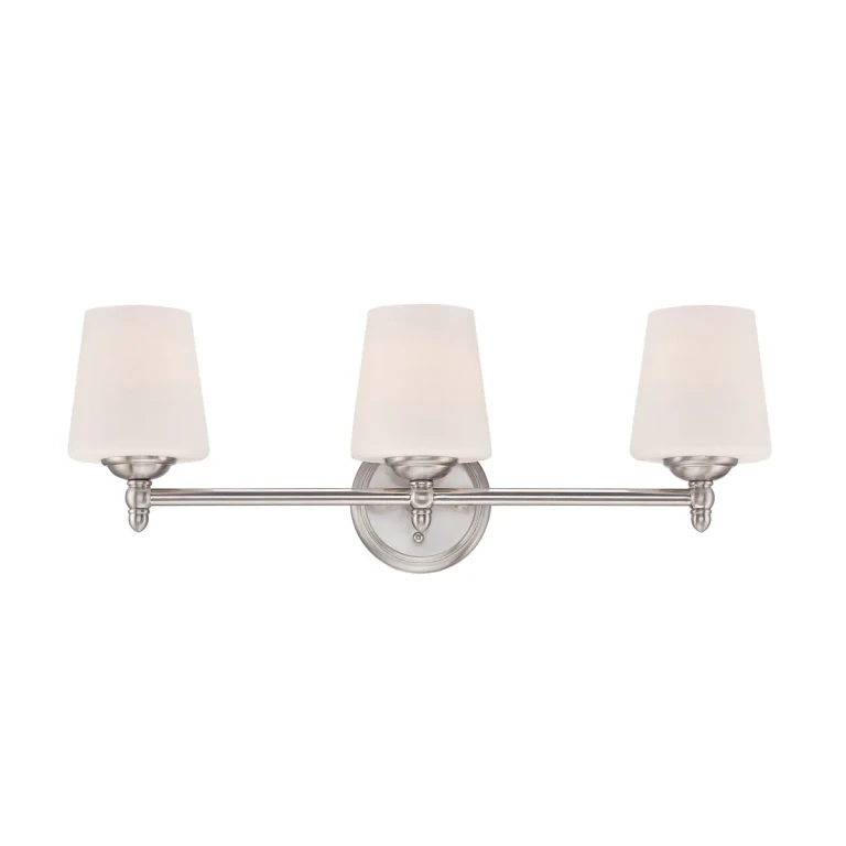 Brushed Nickel Three Light Bath Bar from the Darcy Collection