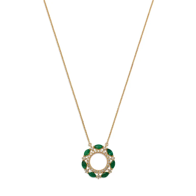 Emerald & Diamond Circle Pendant Necklace in 14K Yellow Gold, 18