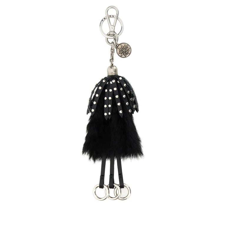 Prada Black Calf Hair And Leather Keyring Nero Acciaio-vitello-bos Taurus Portachiavi - Women