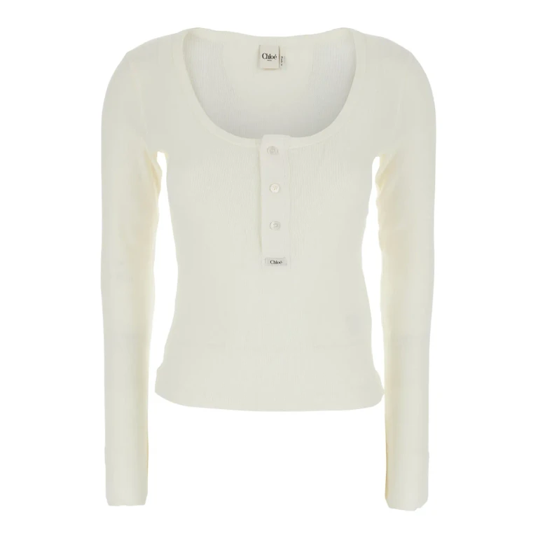 Chloé White Long Sleeve T-shirt With Logo Patch On The Front In Ribbed Knit Cotton For Women