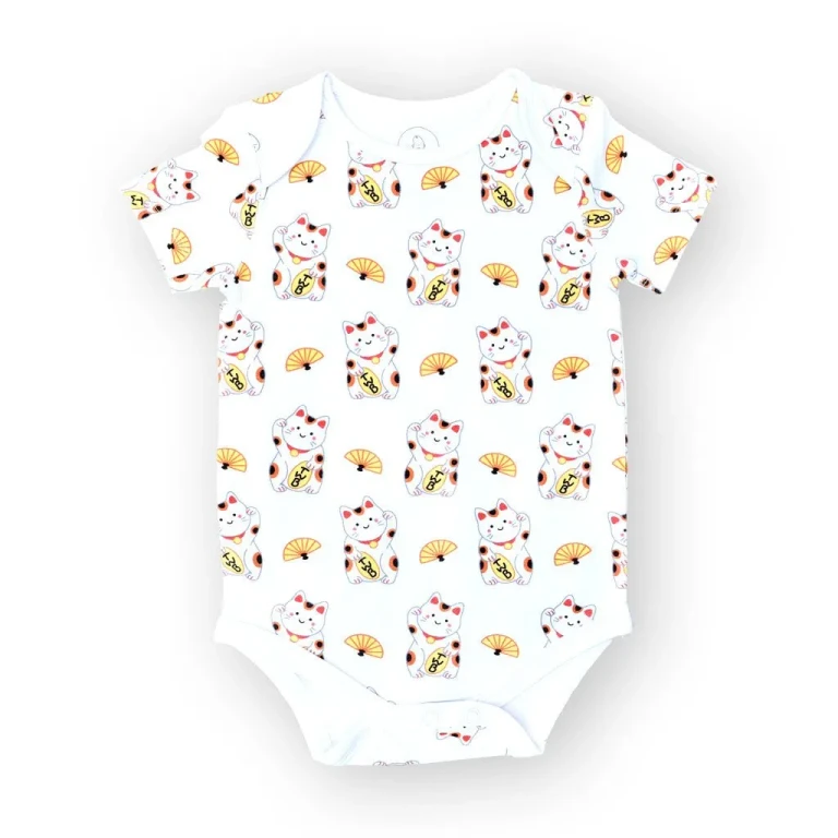 Organic Cotton Baby Onesie - Fortune Lucky Cat Maneki Neko - 3