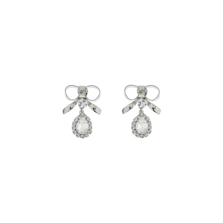 Alessandra Rich Bow Earrings With Crystal Pendant In Silver-plated Brass