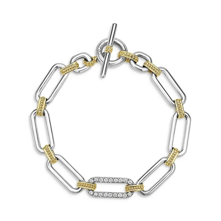 Lagos 18K Yellow Gold & Sterling Silver Signature Caviar Diamond Open Link Toggle Bracelet