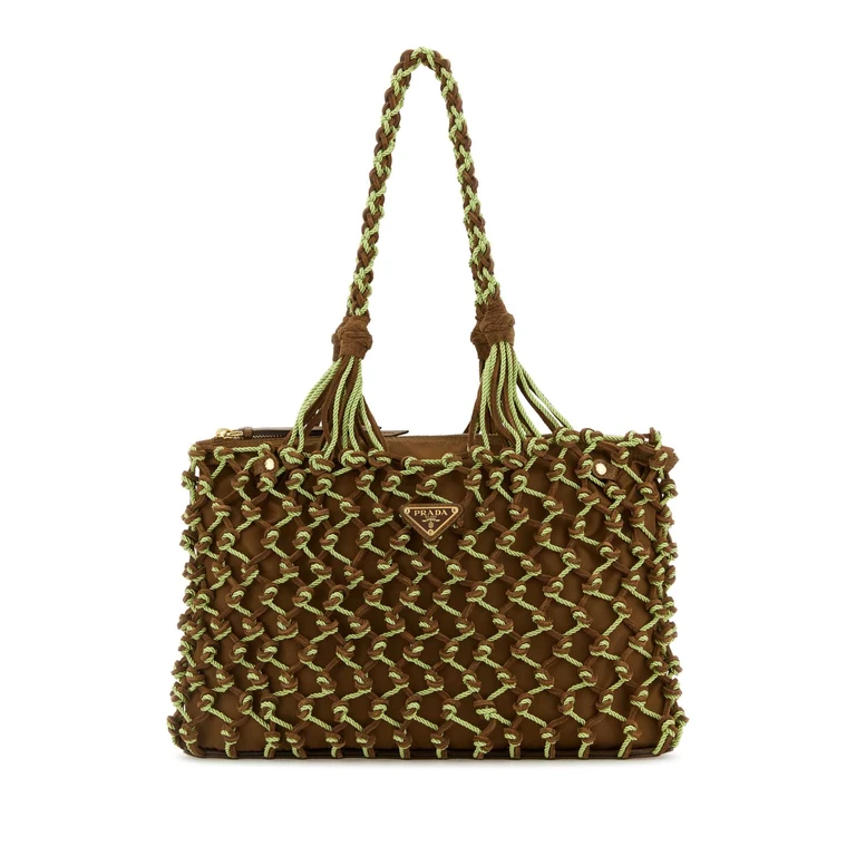Two-Tone Mesh Shopping Bag Cacao+prato Recycledpolyamide-calfleather Borse A Mano - Women