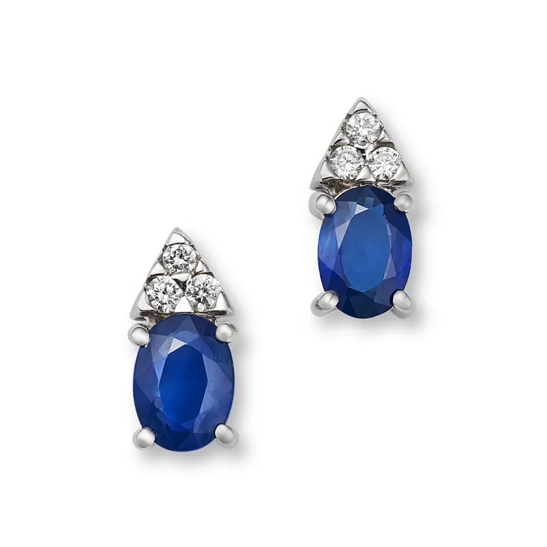 Blue Sapphire & Diamond Oval Stud Earrings in 14K White Gold
