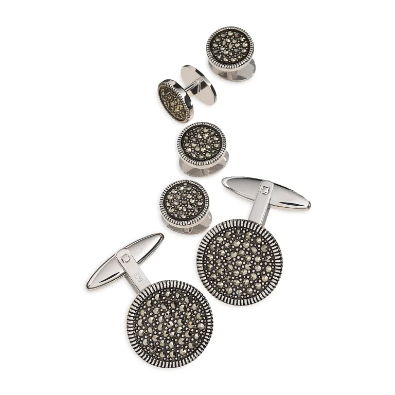 Round Sterling Silver & Marcasite Stud & Cufflink Set