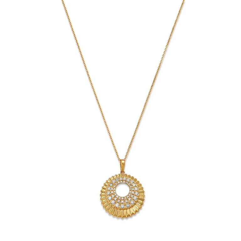 Diamond Sunray Texture Circle Pendant Necklace in 14K Yellow Gold, 0.50 tcw