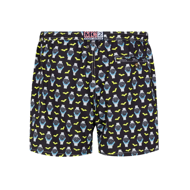 Mc2 Saint Barth Lightweight Fabric Swim Shorts Lighting With Watch Print Black Swimshort - Men