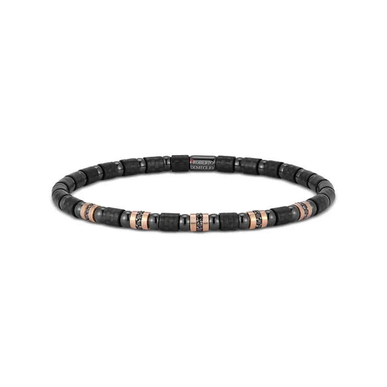 Roberto Demeglio Men's Black Diamond Stretch Bracelet in 18K Rose Gold & Black Ceramic Carbon