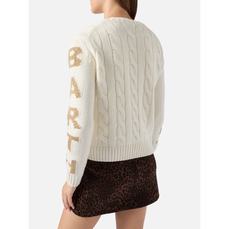 Mc2 Saint Barth Malmo Cable-Knit Cashmere-Blend Sweater White With Saint Barth Jacquard On The Sleeves - Women