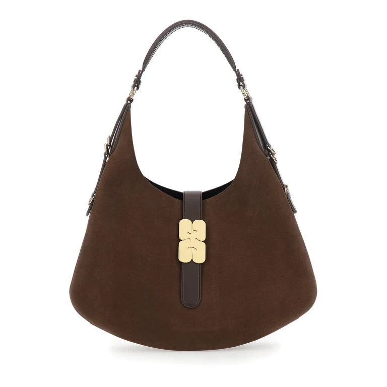 Ganni kat Large Brown Shoulder Bag With Butterfly Plaque On Front In Suede Women