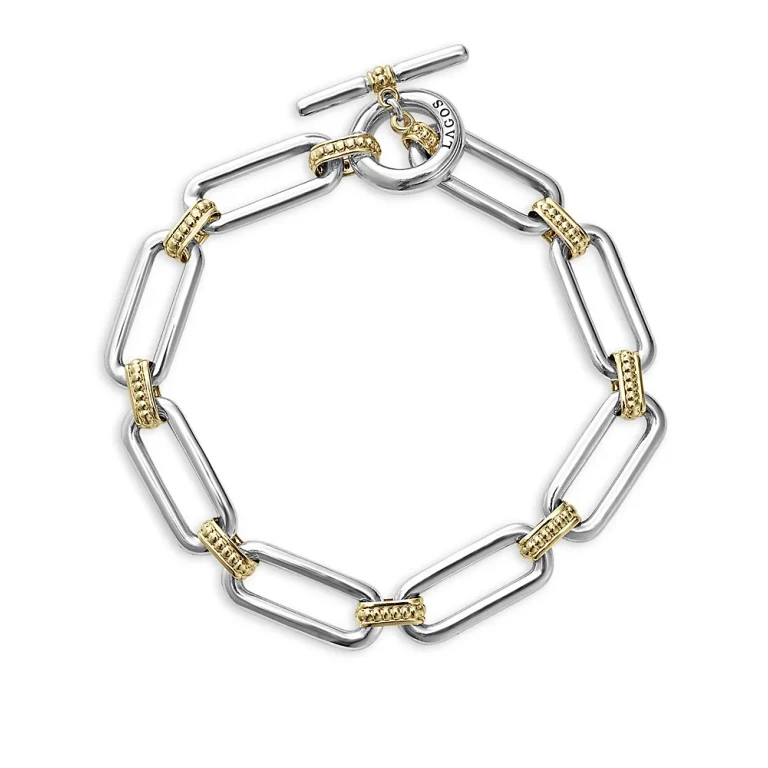 Lagos 18K Yellow & Sterling Silver Signature Caviar Large Link Toggle Bracelet