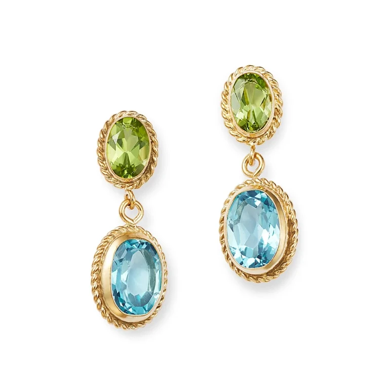 Peridot & Blue Topaz Double Drop Earrings in 14K Yellow Gold