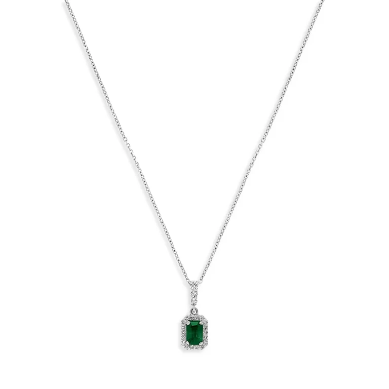Emerald and Diamond Pendant Necklace in 14K White Gold, 16