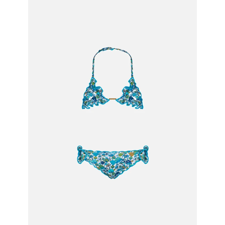 Mc2 Saint Barth Girl Triangle Bikini With Mushroom Print Made Liberty Fabric Blue