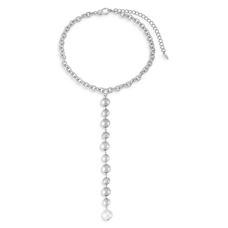 Ettika Deep Drop Cultured Freshwater Pearl Lariat Necklace in Silver Plated, 15-20