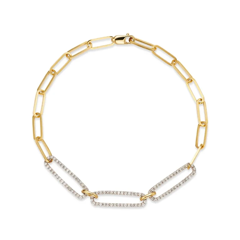 Diamond Triple Link Paperclip Bracelet in 14K White & Yellow Gold, 0.50 tcw