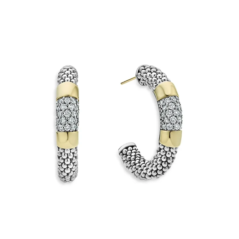 Lagos Sterling Silver & 18K Gold High Bar Diamond Huggie Hoop Earrings