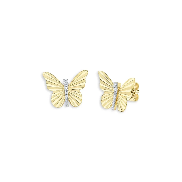 Diamond Ribbed Butterfly Stud Earrings in 14K Yellow Gold, 0.05 tcw