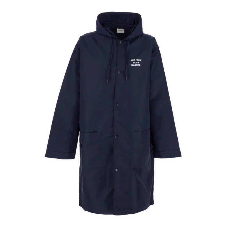 Drôle de Monsieur Blue Hooded Jacket With Fixed Hood And Slogan On Front And Back In Tech Fabric For Men