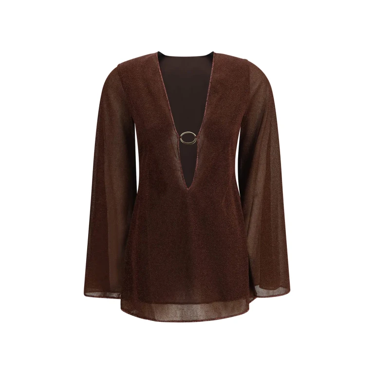 Oseree Brown Caftan With Deep V-neck And Semi-transparent Design