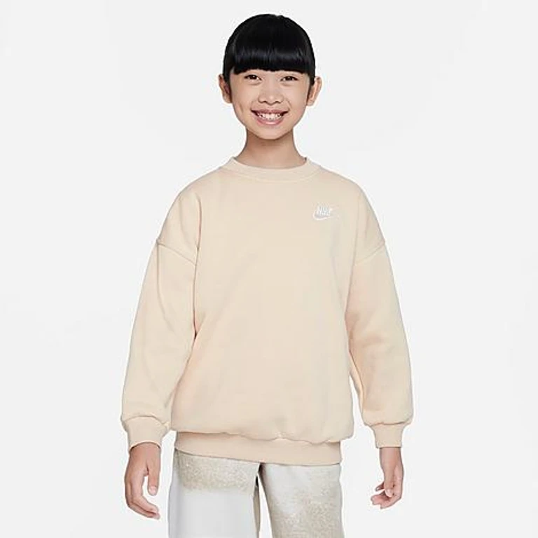Nike Girls' Big Kids Sportswear Club Fleece Oversized Sweatshirt in Sanddrift/White Size: XS