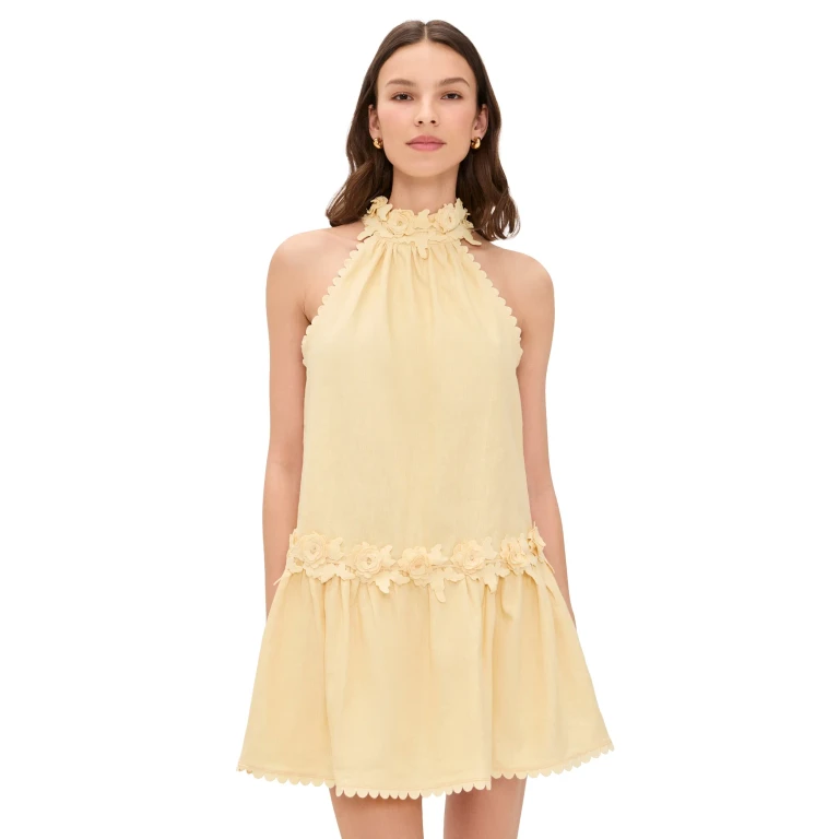 English Factory Halter Flower Detail Mini Dress Butter Yellow L