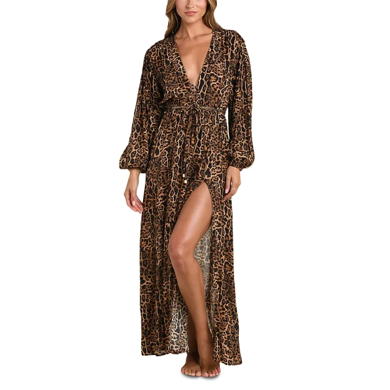 L'Agence Sara Patch Leopard Long Sleeve Maxi Dress Swim Cover-Up