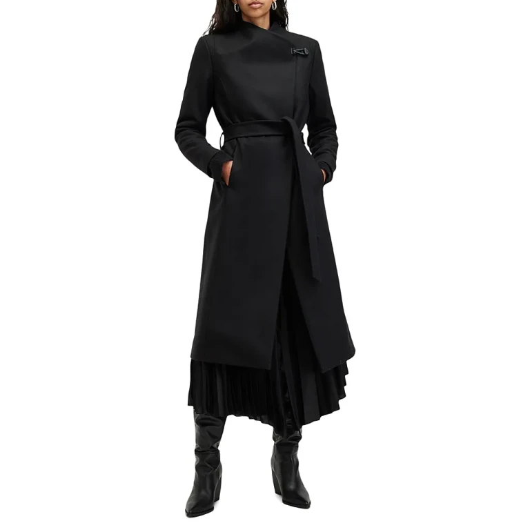 Allsaints Riley Wrap Around Belted Long Line Wool Coat