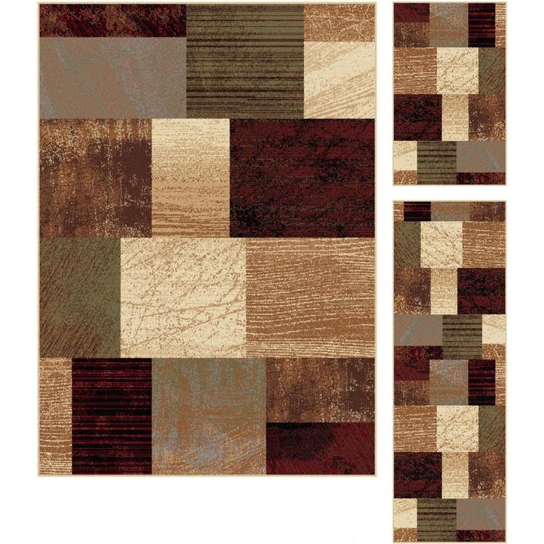 3 Piece Set Brown, Red, and Green Area Rug - Elegance