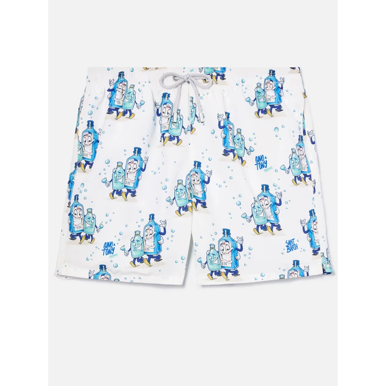 Mc2 Saint Barth Gustavia Swim Shorts White With Gino & Tony Print Special Edition Swimshort - Men