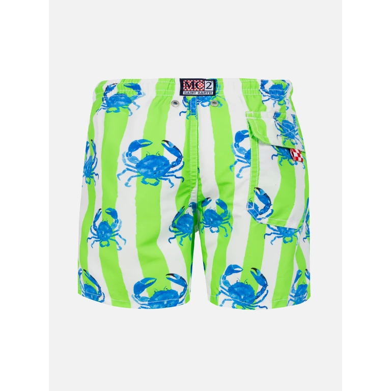Mc2 Saint Barth Boy Swim Shorts With White And Green Stripes Crabs Print Swimshort