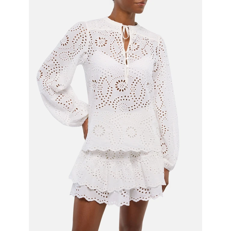 Mc2 Saint Barth Harper Silk Voile Blouse White Sangallo Lace Shirt - Women