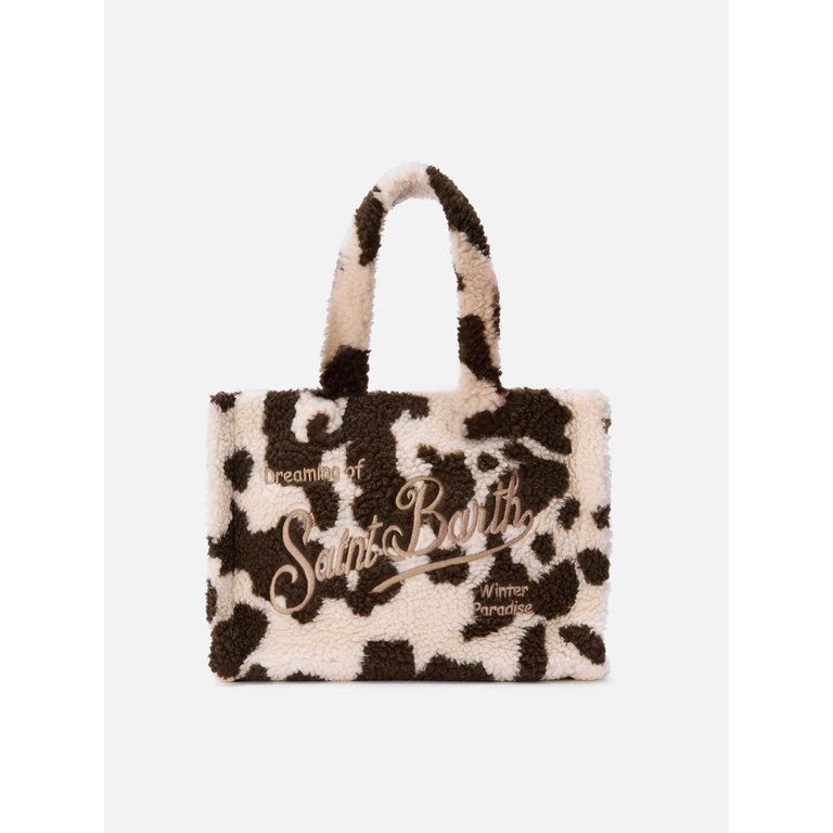 Mc2 Saint Barth Colette Teddy Handbag Cow-Print Sherpa White Bag - Unisex