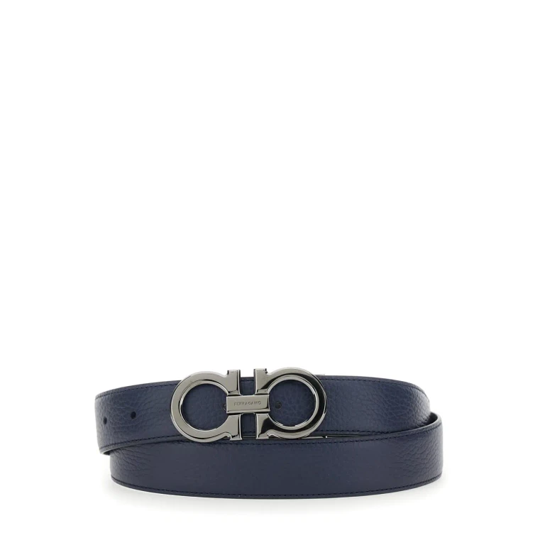 Ferragamo Blue Reversible Belt With Gancini Buckle In Hammered Leather Man